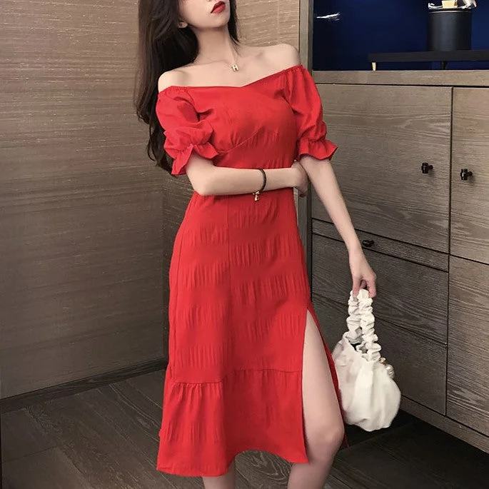 Plus size red sweetheart off shoulder short sleeve dress