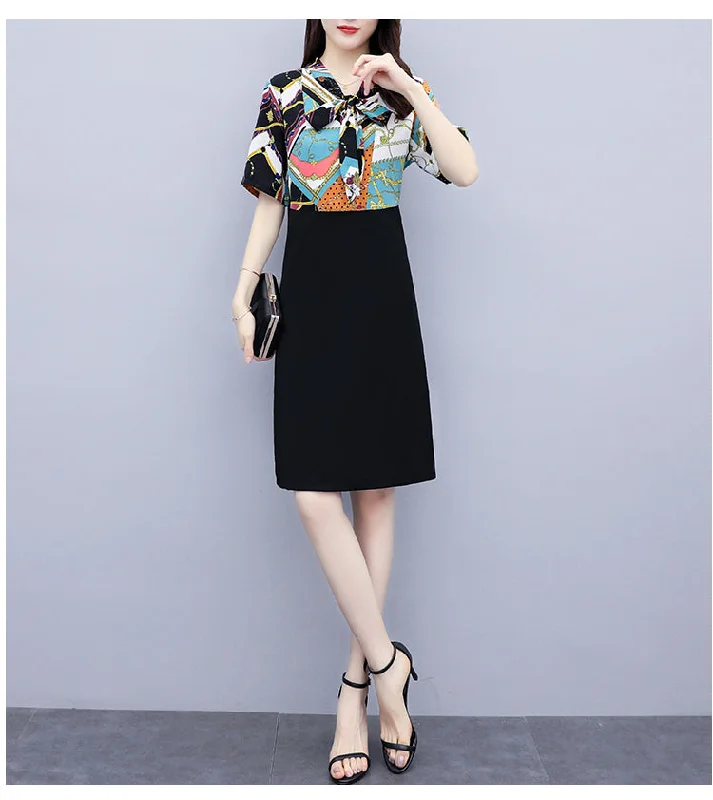 Plus size vintage print short sleeve work dress