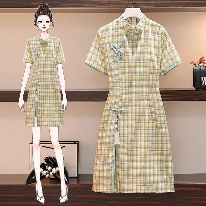 Plus size modern checked yellow tassel cheongsam dress