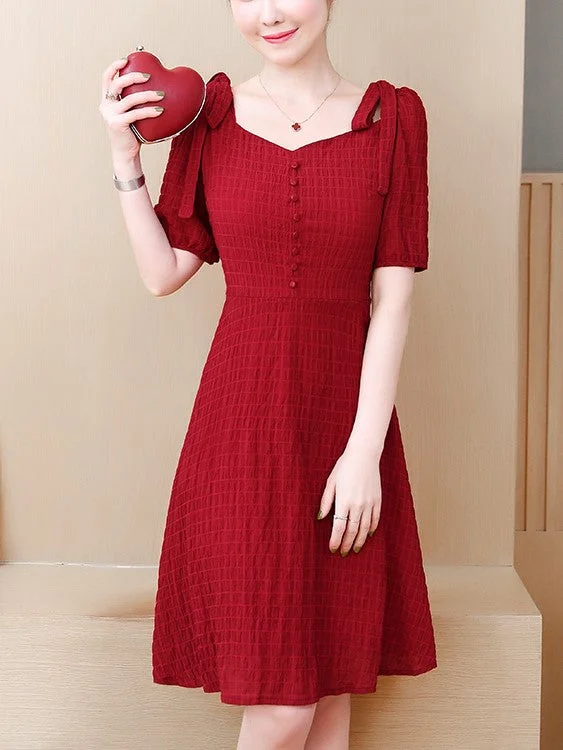 Plus Size Red Checks Ribbon Swing Short Sleeve Dress