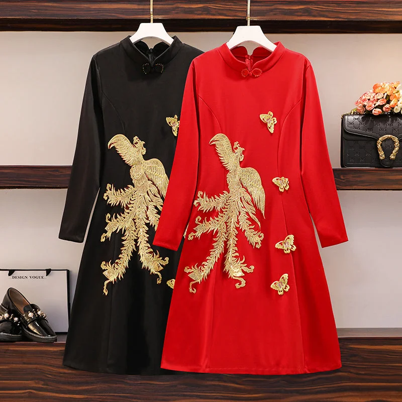 Plus size cheongsam gold phoenix long sleeve dress