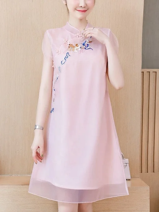 Plus Size Goldfish Embroidered Organza Cheongsam Short Sleeve Dress