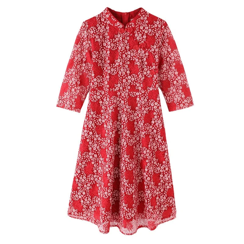 Layla Plus Size Red Lace Cheongsam Mid Sleeve Dress