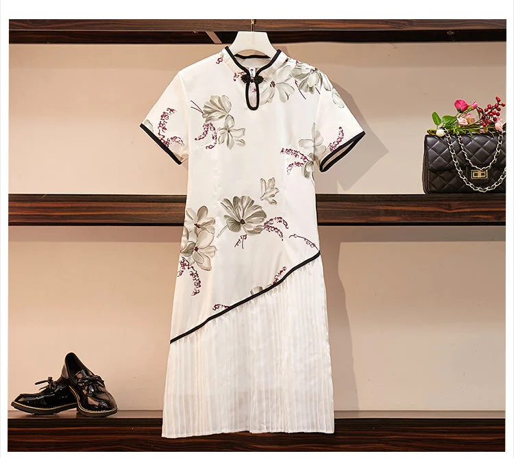 Plus size modern white pleat cheongsam dress