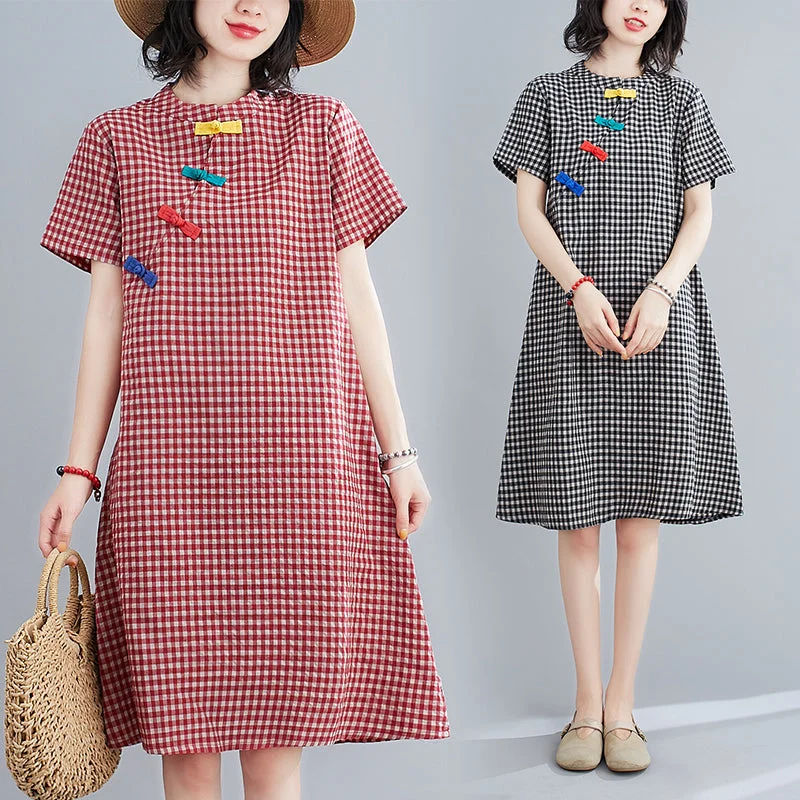 Plus Size Gingham Checks Cheongsam Dress