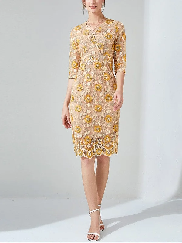 Plus Size Gold Lace Wrap Dress