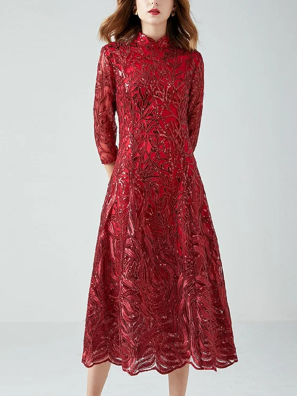 Plus Size Red Cheongsam Evening Long Sleeve Dress