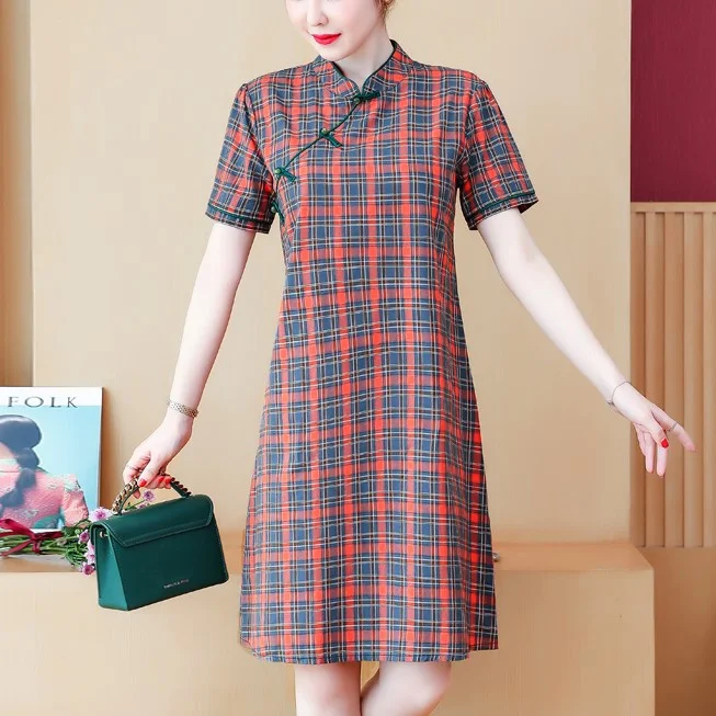 Plus size cheongsam modern red checked dress