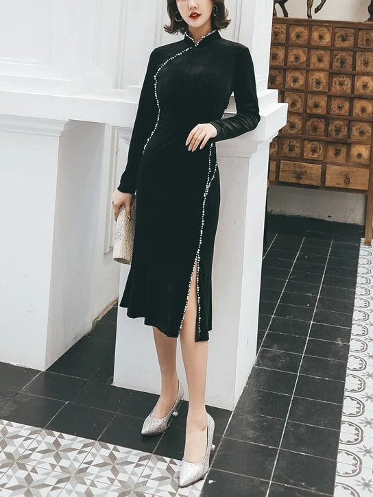 Plus Size Black Velvet Pearl Cheongsam Evening Long Sleeve Dress