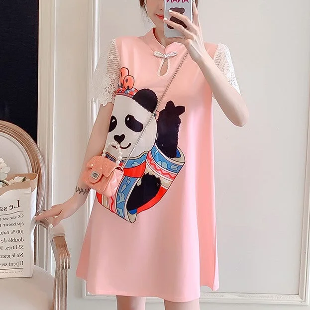 Plus size pink panda lace cheongsam short sleeve dress