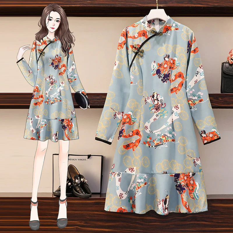 Plus size cheongsam japanese long sleeve dress