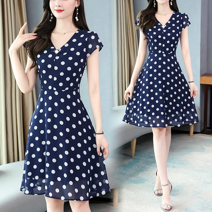 Plus size polka dots chiffon short sleeve dress