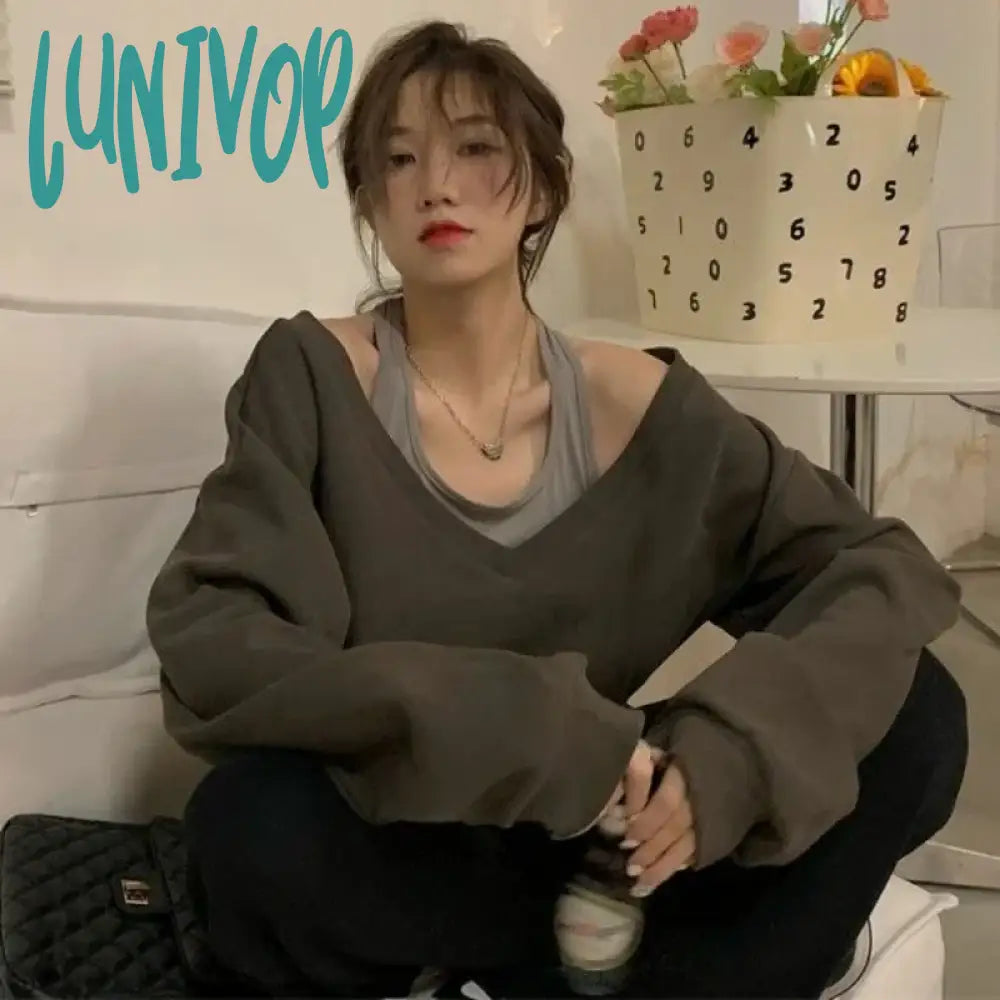 Lunivop Vintage Harajuku Sweatshirts Women Kpop Gyaru Off Shoulder Y2k Streetwear Hoodie Oversized Crop Tops Korean Fashion