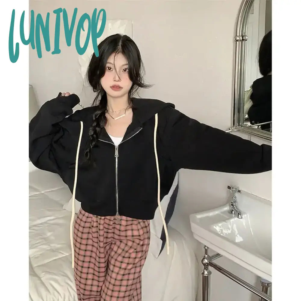 Lunivop American Vintage Cropped Hoodie Women Korean Fashion Streetwear Trend Sweatshirts Tracksuit Harajuku Hoodies Short Tops