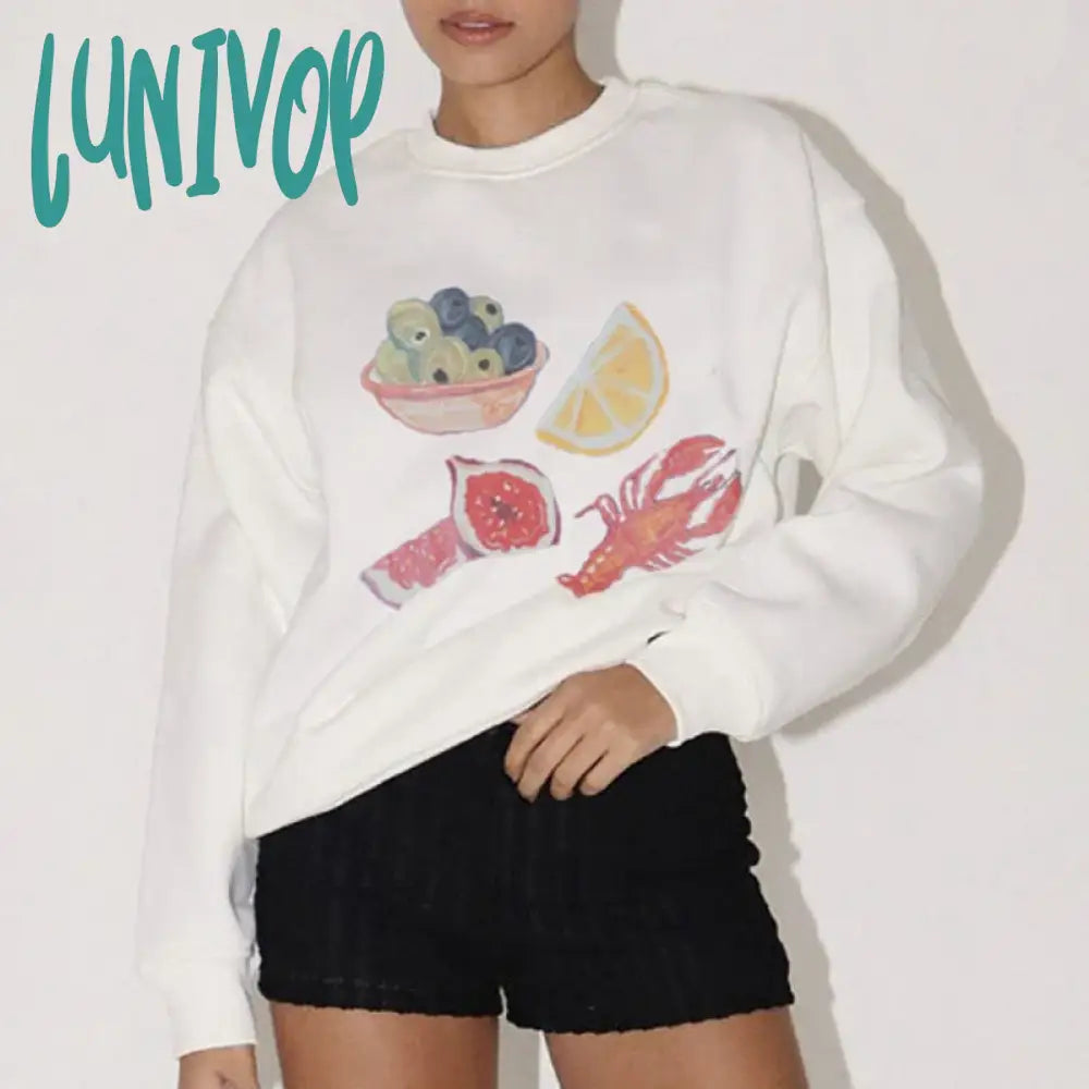 Lunivop Fruit Lobster Print Loose Fit Oversized Tops Vintage Graphic Sweatshirts Casual Long Sleeve Round Neck Pullovers Lounge Clothes