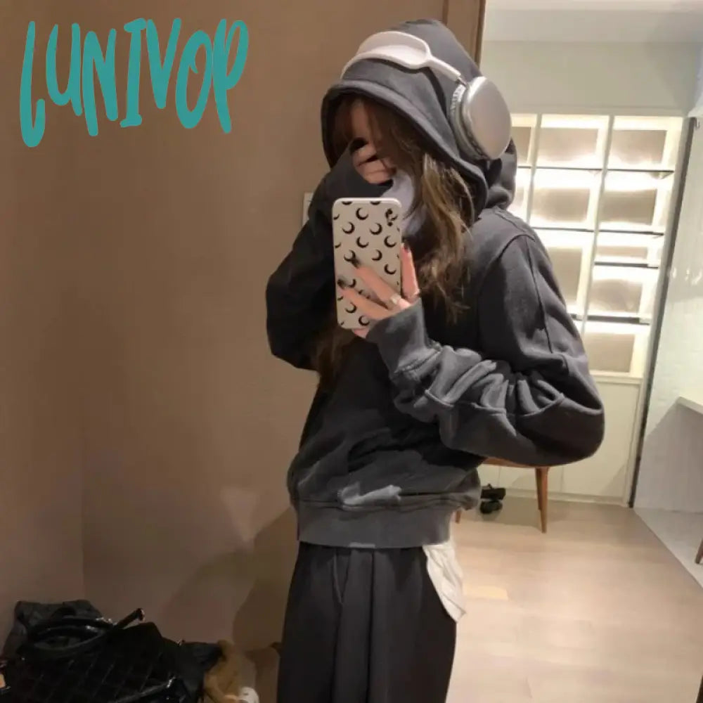 Lunivop Vintage Cropped Hoodie for Women Streetwear Korean Fashion Zip-up Hooded Sweatshirts Harajuku Oversized Hoodies Spring