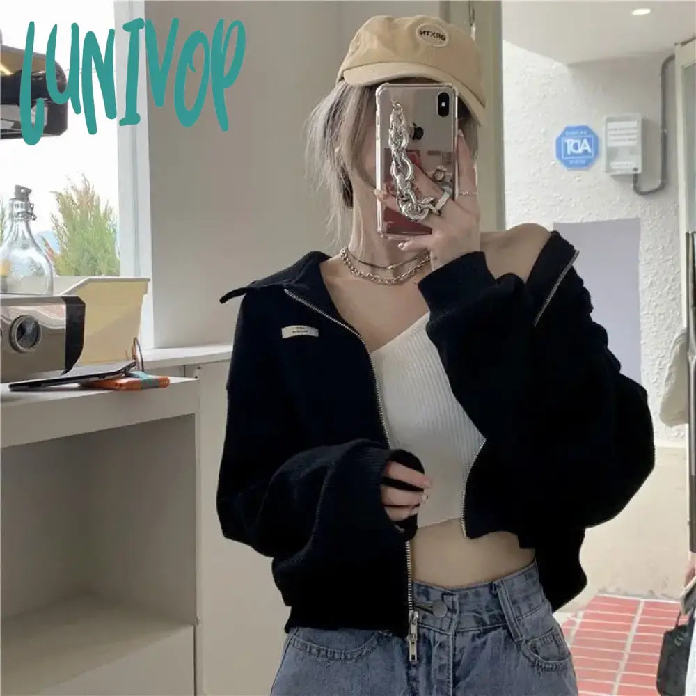 Lunivop Harajuku Streetwear Women Sweatshirts Korean Fashion Oversized Zip Up Cardigan Female Sportswear Casual Basic Crop Top