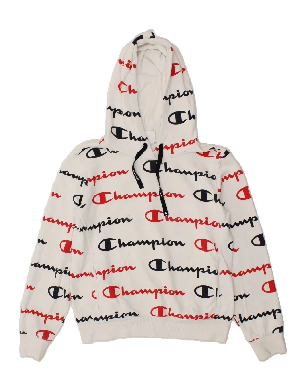 CHAMPION Womens Graphic Hoodie Jumper UK 14 Medium White Cotton