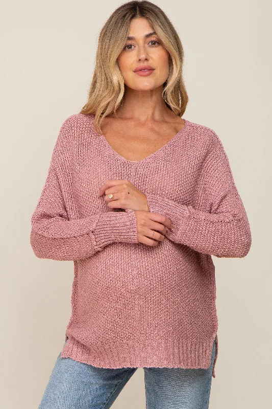 Mauve Chunky Knit Side Slit Maternity Sweater