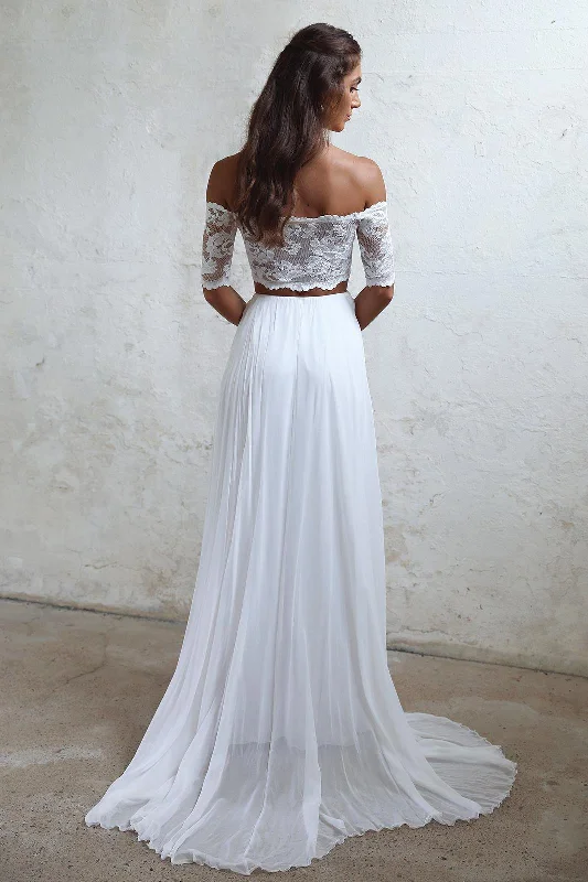 A-Line Long Lace Ivory Chiffon Off the Shoulder Short Sleeve Two Pieces Wedding Dresses WK383