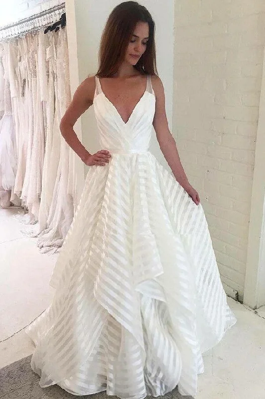 A line V Neck Spaghetti Straps Prom Dresses with Ruffles Long Wedding Dresses WK595