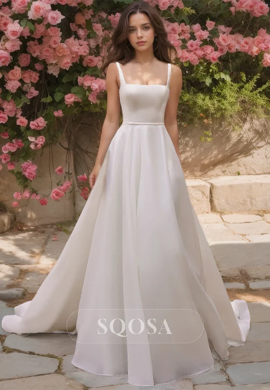 Simple Off-Shoulder Spaghetti Straps Square-Neck Sleeveless A-Line Chiffon Wedding Dress with Train