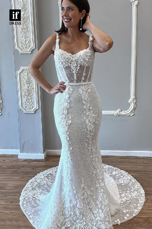 71047 - Glamorous Straps Lace Appliques Mermaid Beach Wedding Dress