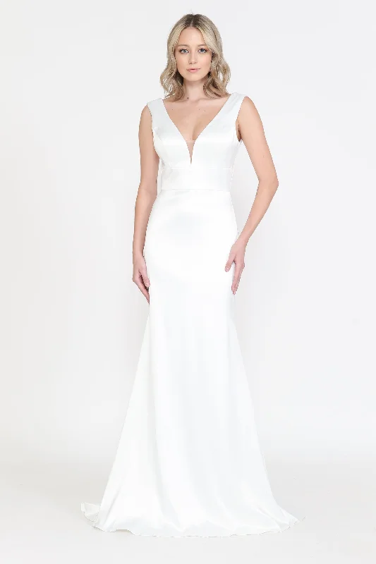 Fitted Satin V-Neck Wedding Dress by Poly USA 8502