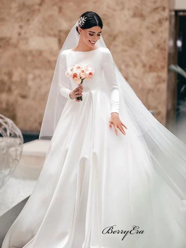 Simple Design A-line Satin Wedding Dresses, Long Sleeves Wedding Dresses