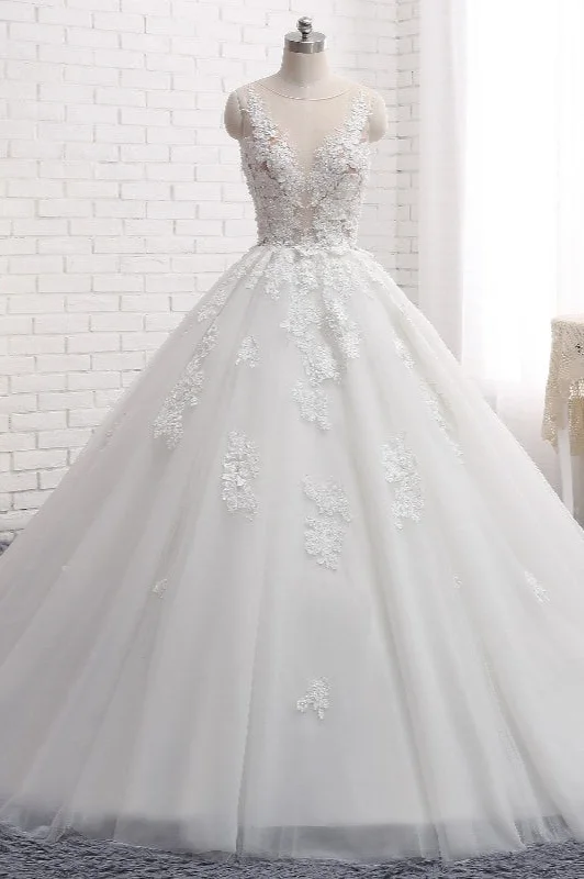 Sleeveless Tulle Train Long Wedding Dress With Appliques Lace