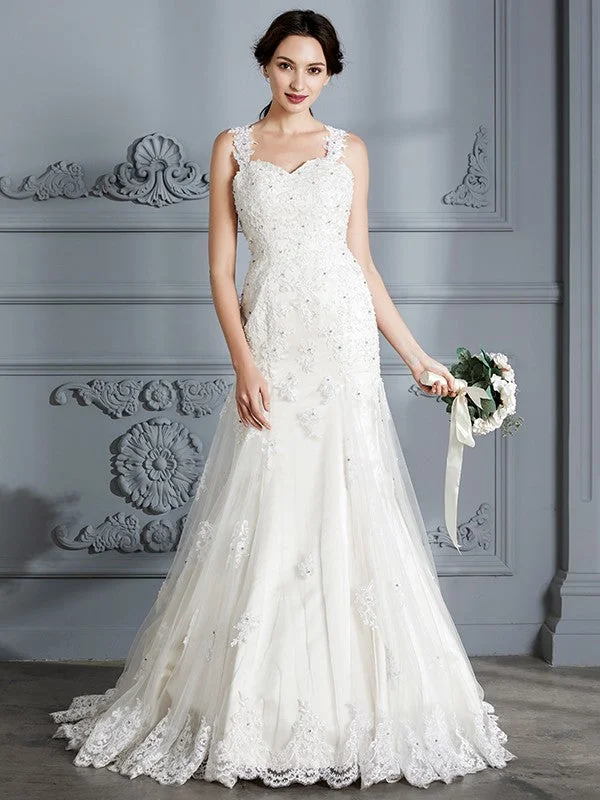 Trumpet/Mermaid Sweetheart Sleeveless Lace Court Train Wedding Dresses TPP0006495