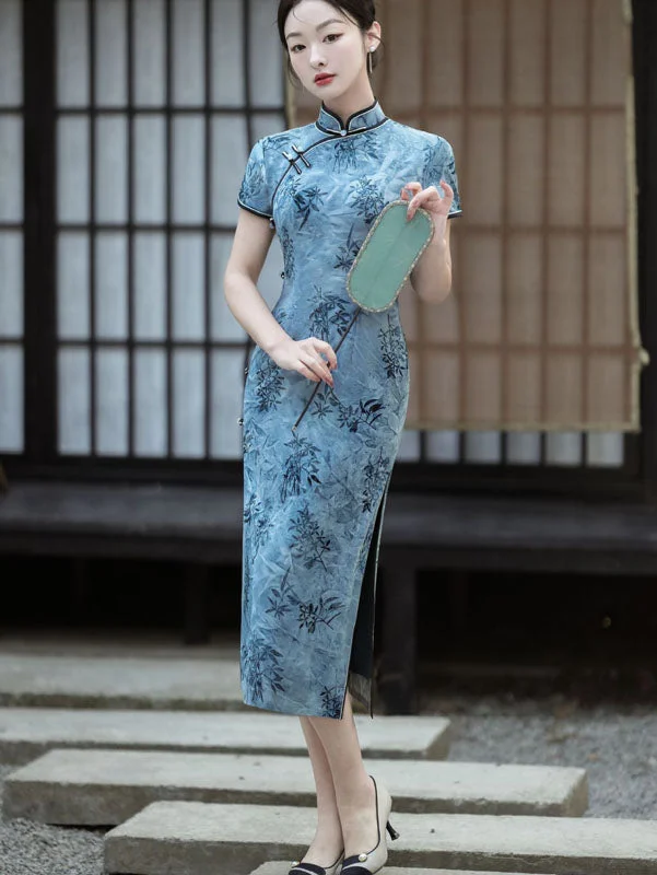 Blue Bamboo Print Midi Qipao Cheongsam Dress