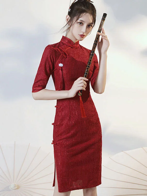 Burgundy Lace Midi Cheongsam Qi Pao Dress