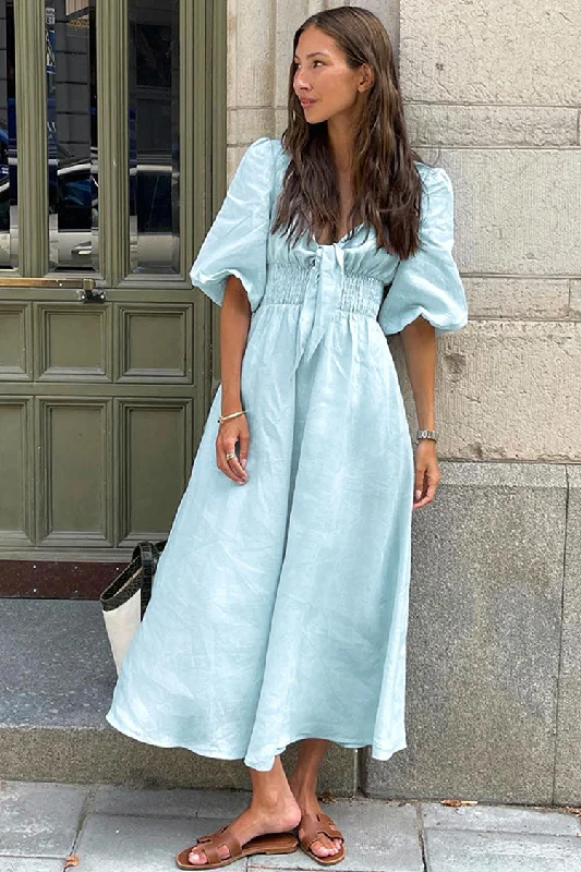 Casual Tie Front Puff Sleeve Cotton Linen Beach Vacation Midi Dress - Sky Blue