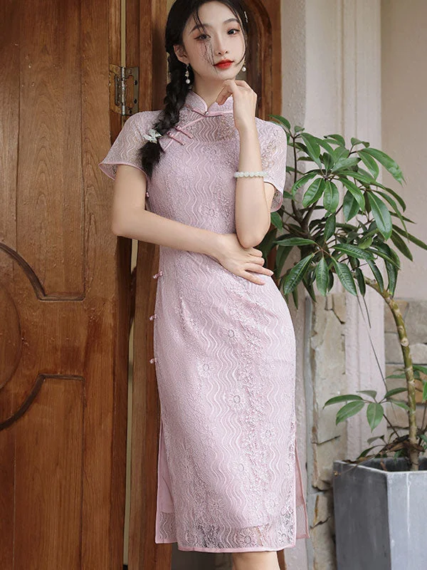 Floral Lace Illusion Midi Cheongsam Qipao Dress