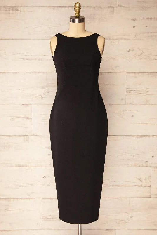 Kovna Black | Fitted Midi Dress w/ Open Back