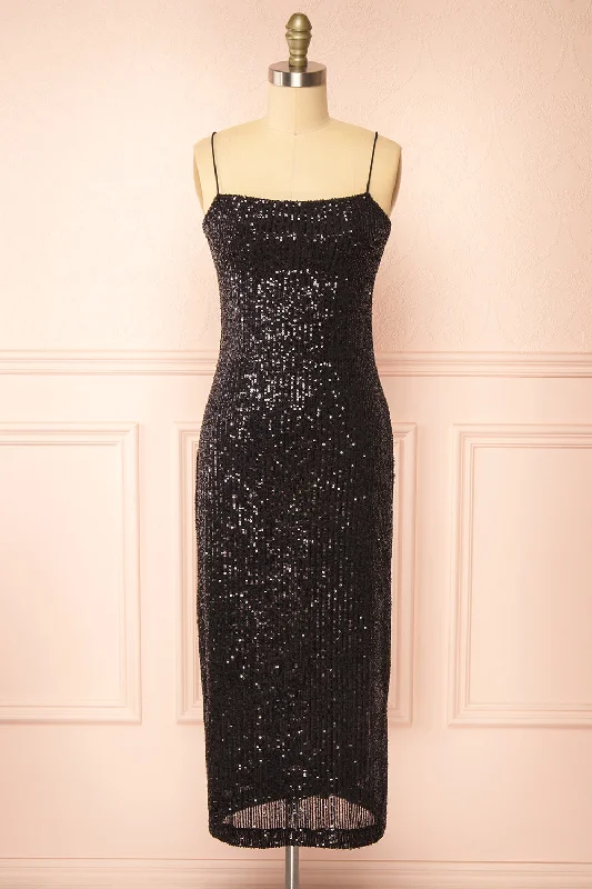 Mikaela | Black Sequin Midi Dress w/ Slit