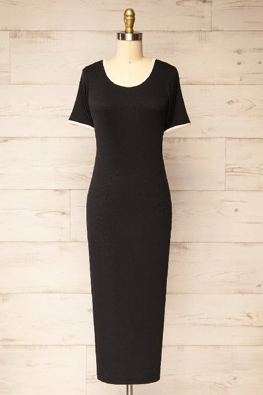 Phloriane Black | Ribbed Midi Dress w/ Ivory Trim