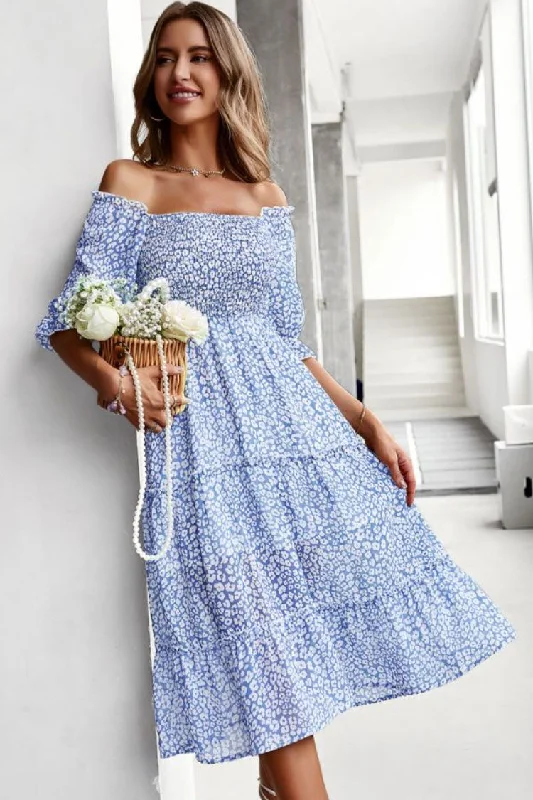 Prairie Off Shoulder Smocked Floral Printed Boho Chic Midi Dress - Blue