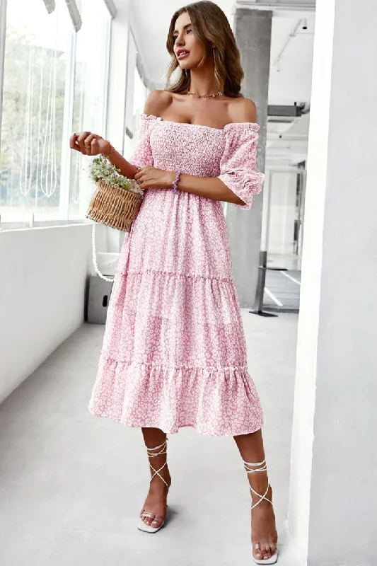 Prairie Off Shoulder Smocked Floral Printed Boho Chic Midi Dress - Pink