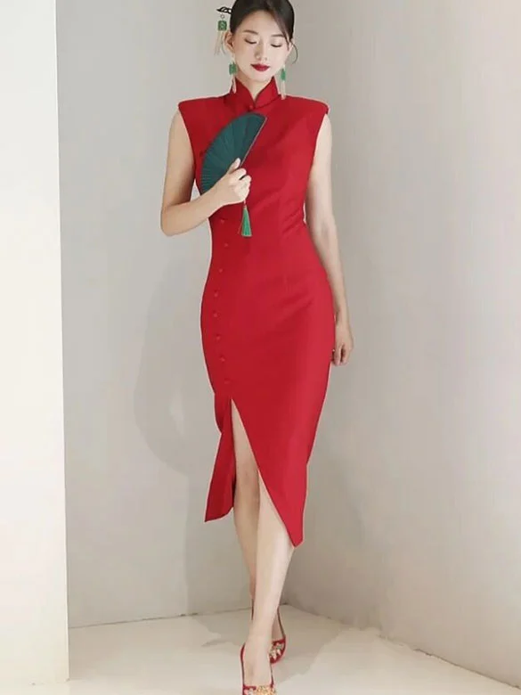 Red Split Front Midi Bride Wedding Cheongsam Dress