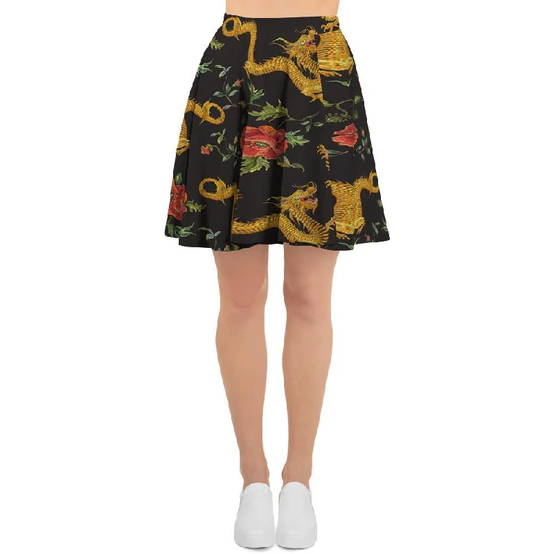 Rose Floral Golden Dragon Print Women's Skirt