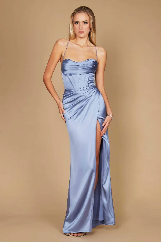 Dylan & David Draped Corset Cowl Long Prom Dress Periwinkle Blue