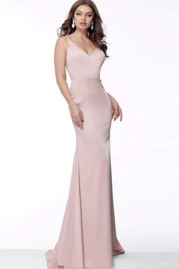 Jovani - Fitted V-Neck Satin Evening Dress 66682SC - 1 pc Blush In Size 4 Available