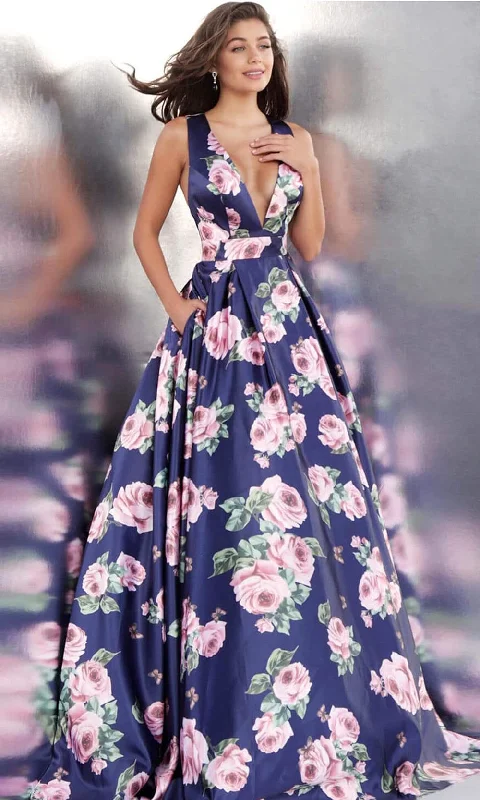 JVN by Jovani - Plunging Blossom Print Ballgown JVN66938ASC - 1 pc Navy/Print In Sizes 0 Available