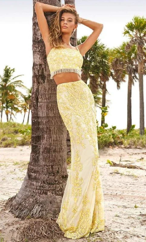 Sherri Hill - Two-Piece Bead-Fringed Sheath Gown 54219 - 1 pc Yellow In Size 0 Available