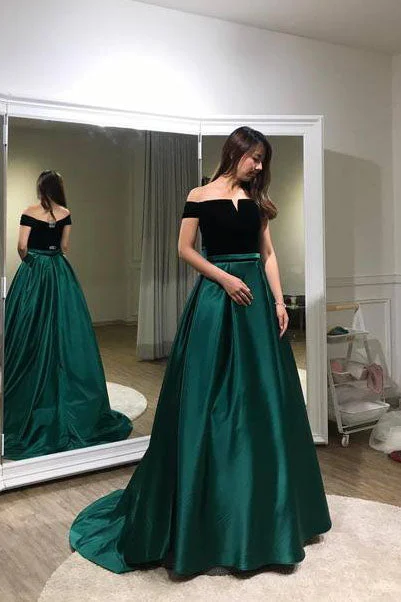 A Line Dark Green Off-the-Shoulder Sweep Train Evening Dress N435