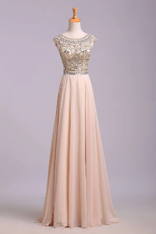 Gorgeous A Line Cap Sleeve Beading Chiffon Prom Dresses N1201