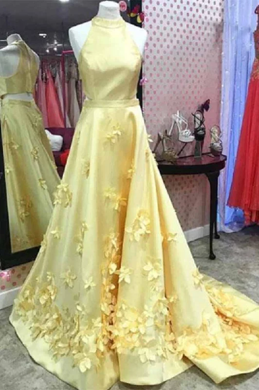 A Line Halter Yellow Flower Prom Dresses