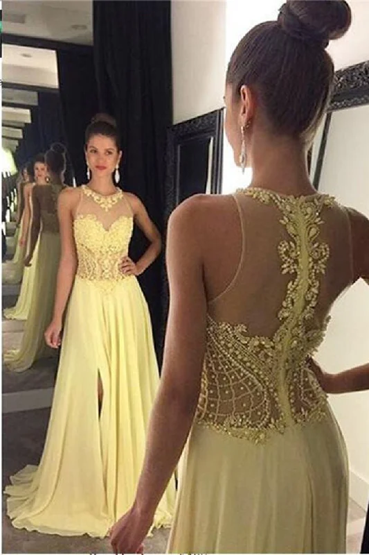 A Line Jewel Sleeveless Appliqued Chiffon Prom Dresses with Beading N828